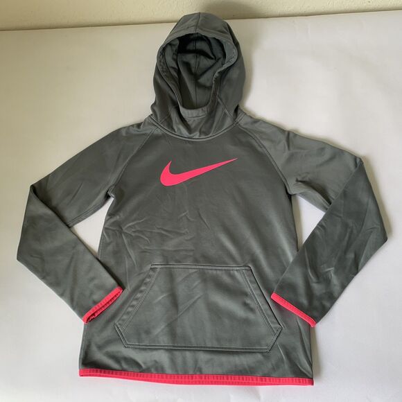 Nike Hoodie Sweatshirt Girls Large Gray Pink Center Swoosh Dri-Fit Athletic Play - Picture 1 of 9